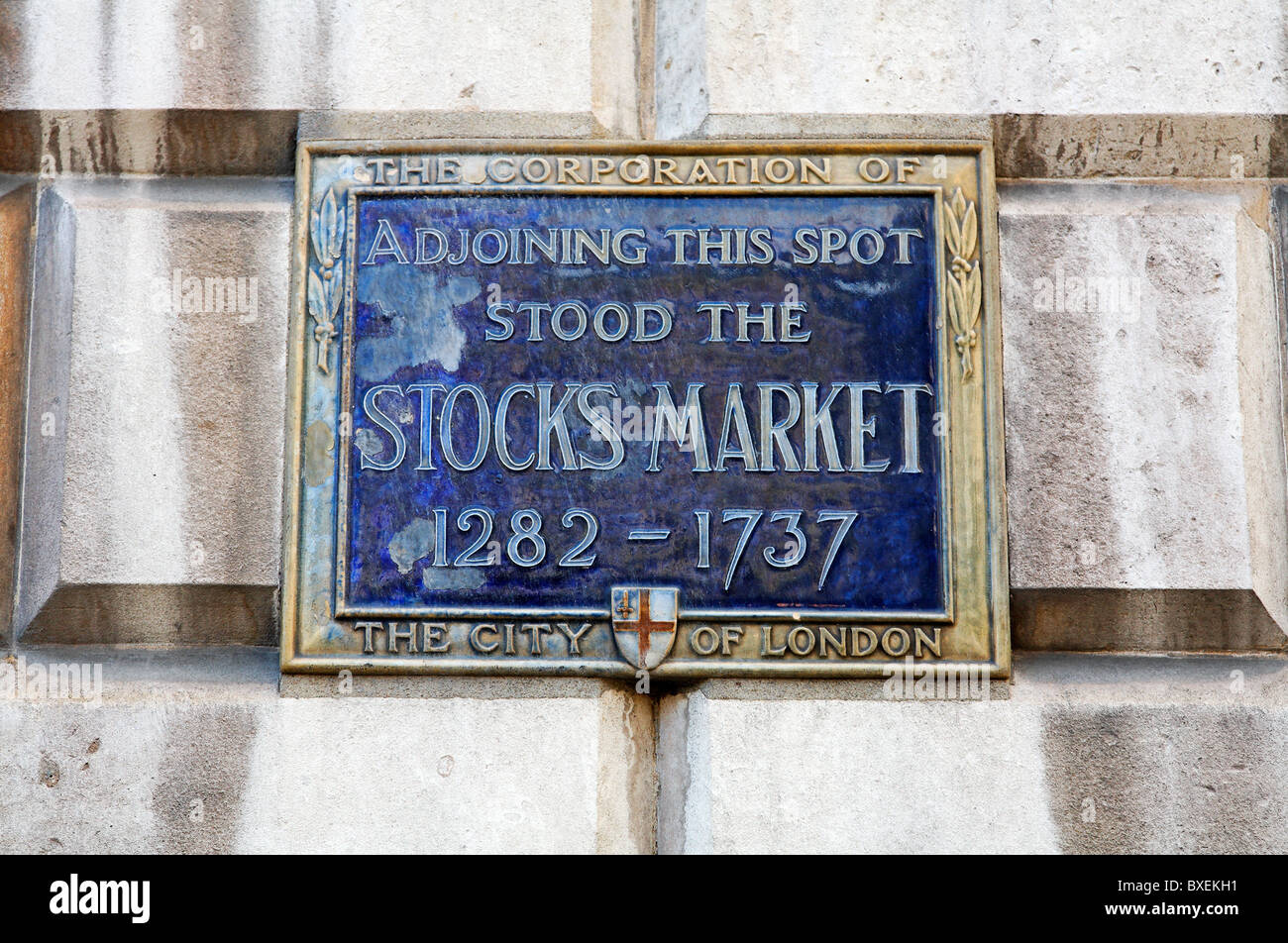 Blue Plaque showing the site of the Stocks Market 1282-1737, London, UK Stock Photo