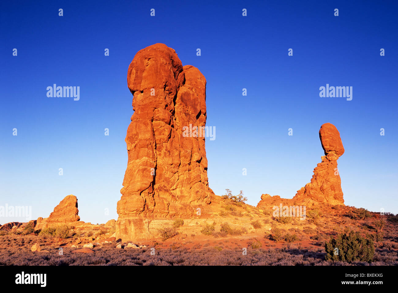 Balanced Rock and formations in early morning sun, Arches National Park
