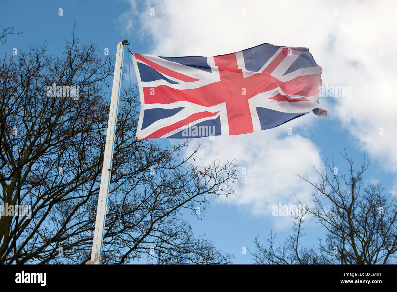 Union Jack Flag Flying Stock Photo