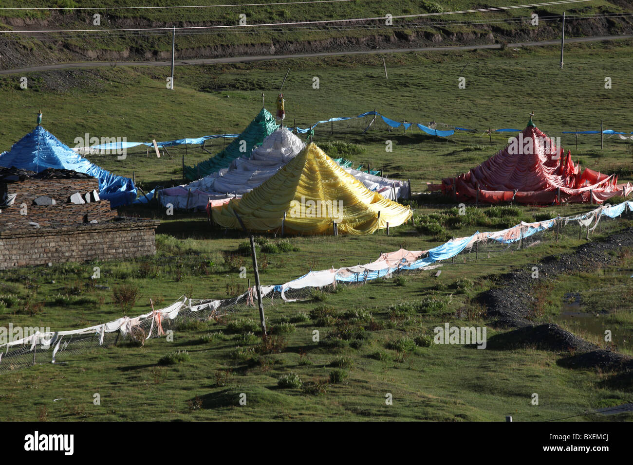Prayer flag tents in Tagong town centre, Sichuan province, China. Stock Photo
