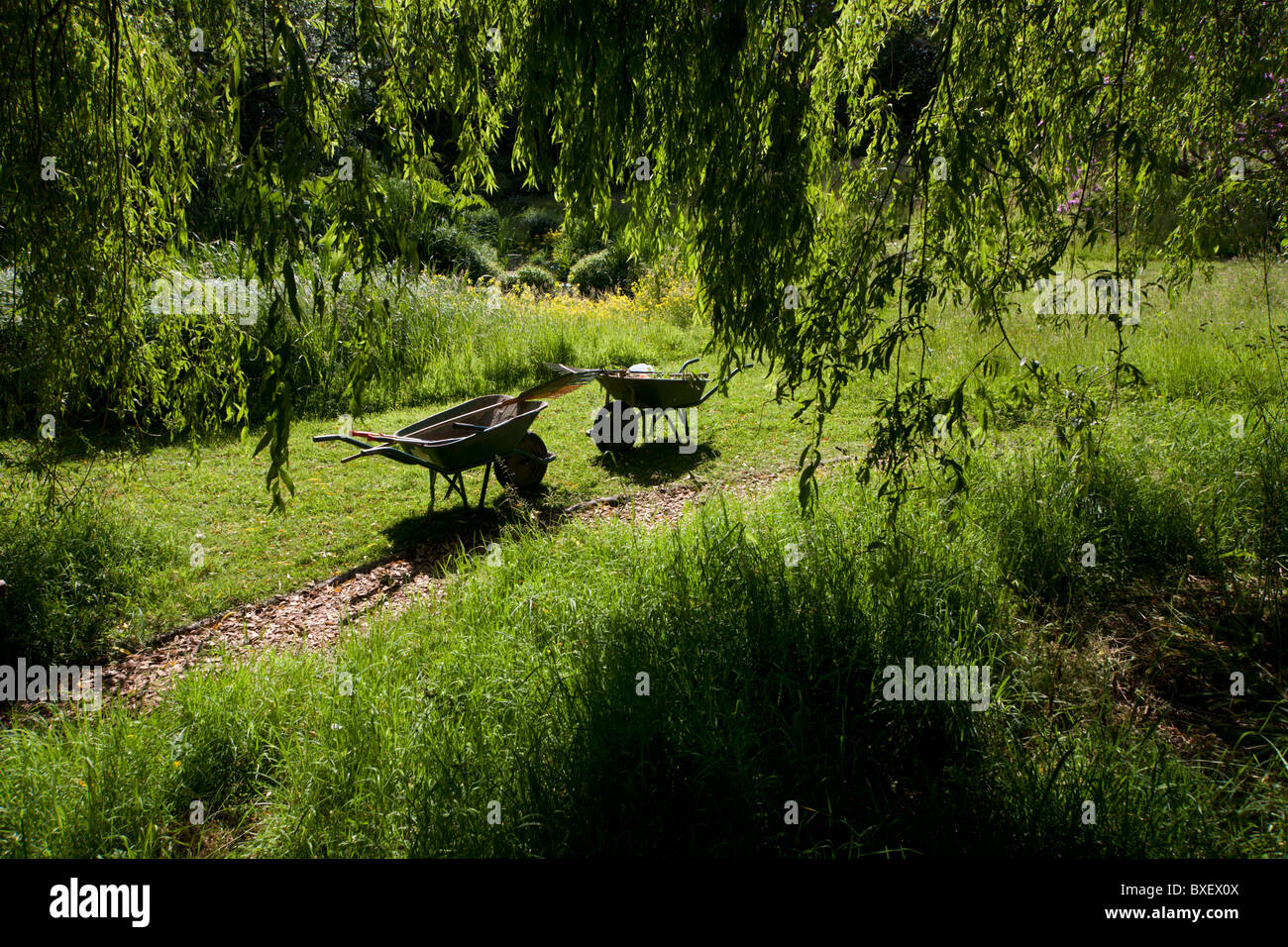 Wheelbarrows and garden tools at the Rivendell Buddhist Retreat Centre