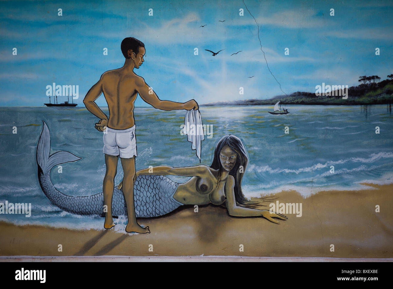 painting wall mermaid beach Cameroon Kribi Stock Photo