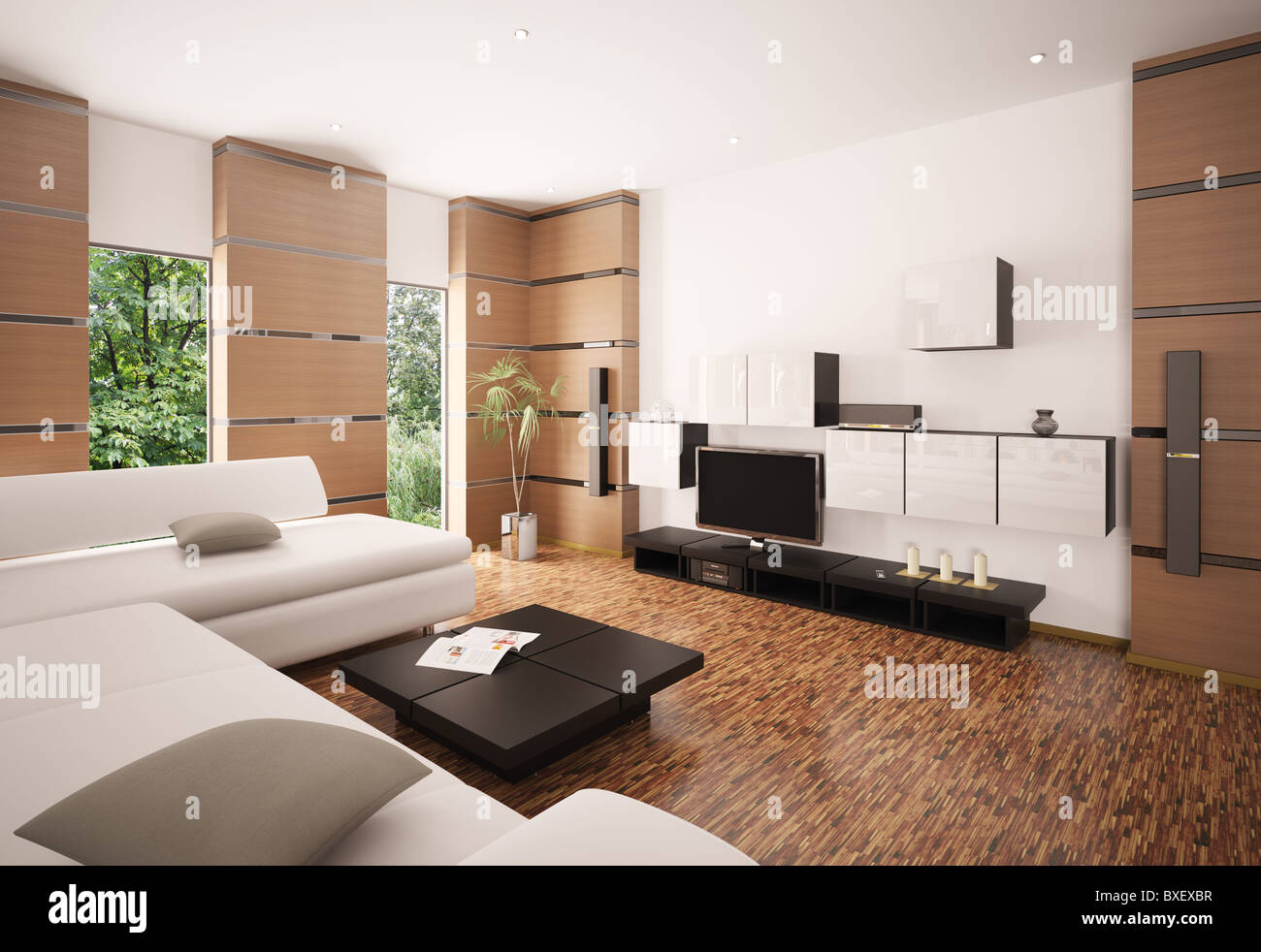 Modern living room with white sofa black table and LCD interior 3d ...