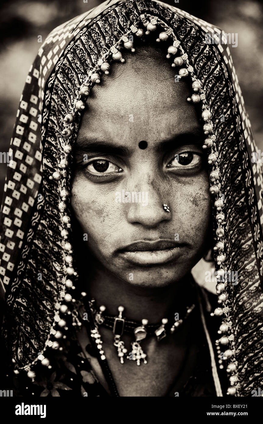 Gadia Lohar. Nomadic Rajasthan young woman. India's wandering blacksmiths. India. Sepia toned Stock Photo