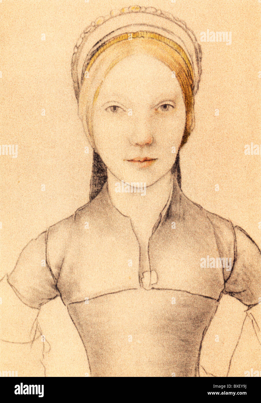 Sketch by Hans Holbein the Younger; Portrait of Jane Boleyn, Lady Parker, sister in law to Anne Boleyn; Colour Illustration; Stock Photo