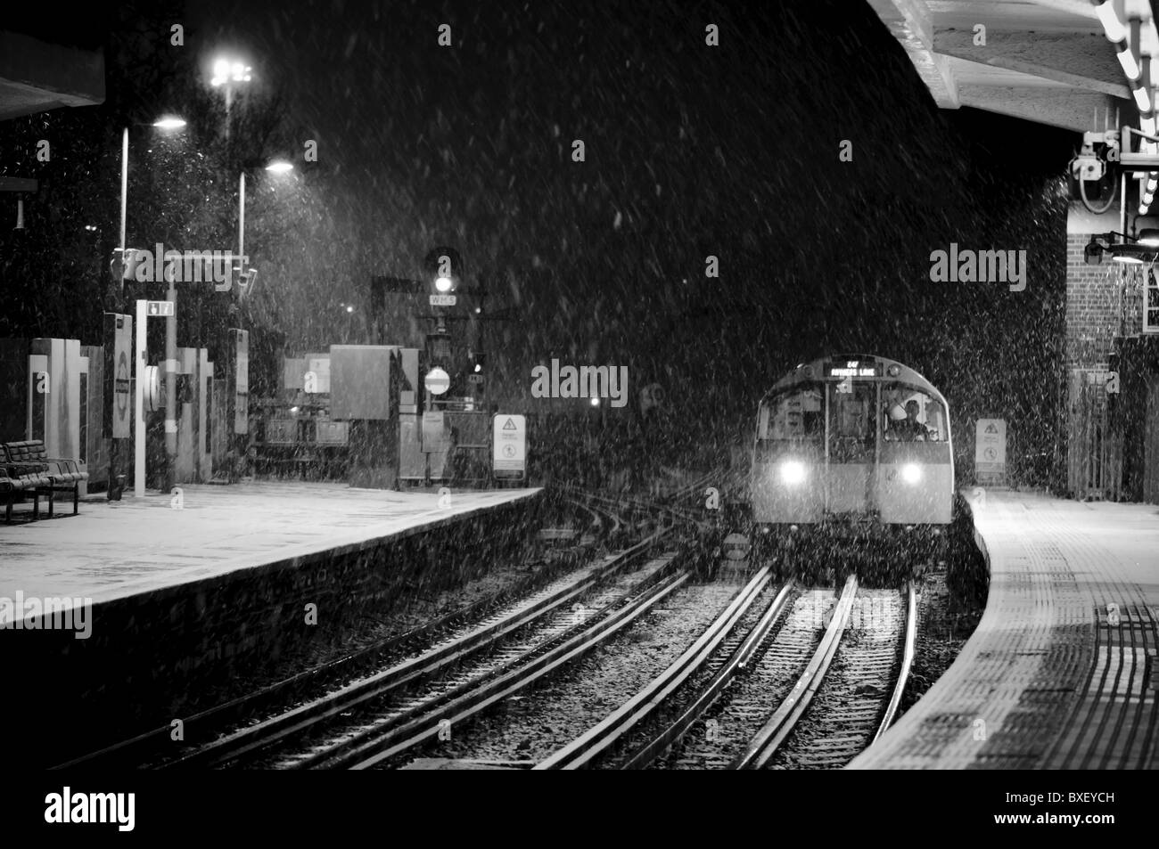 A snowy Ealing Common tube station. Stock Photo