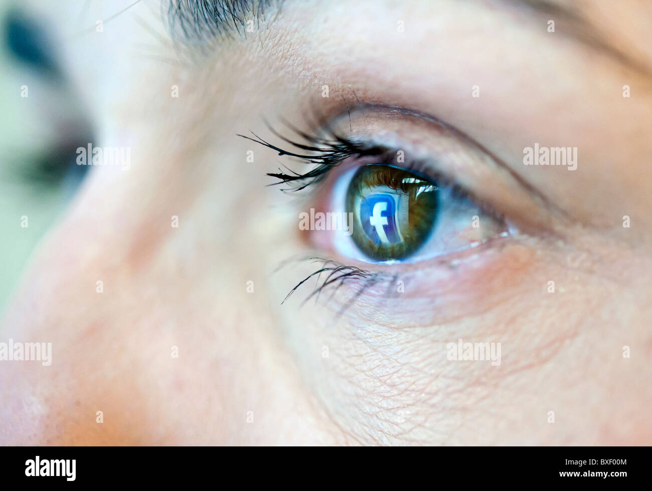 Reflection in an eye of logo from Facebook social networking  website Stock Photo