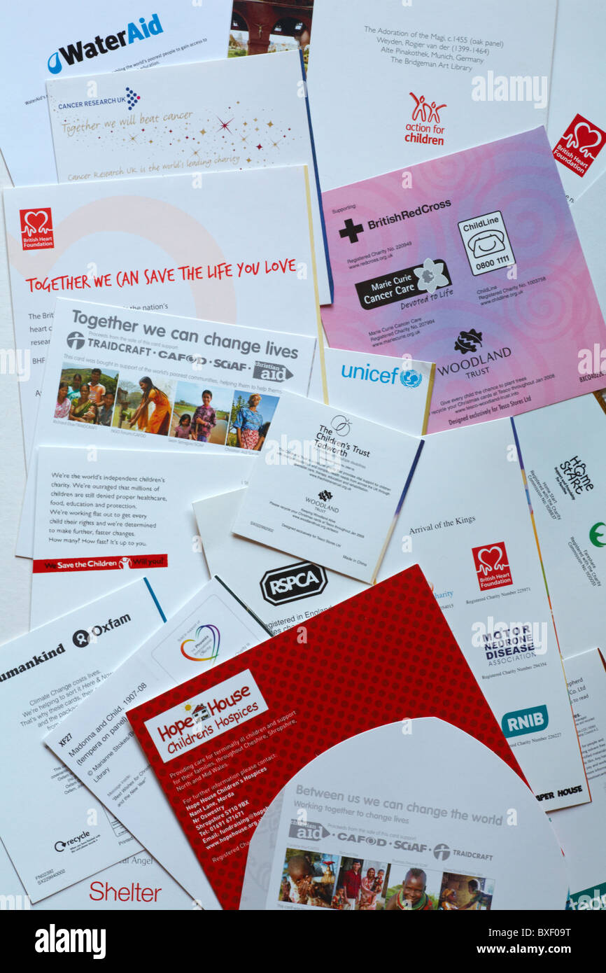 Backs of Christmas cards showing different charities being supported Stock Photo