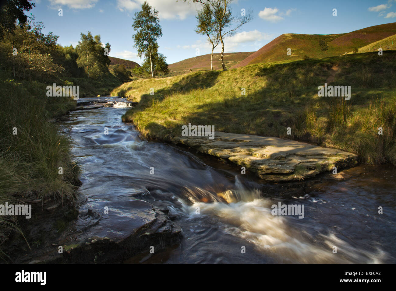 Flowing waters of the River Derwent near Packhorse Bridge and Little Moor, Dark Peak, The Peak District, Derbyshire Stock Photo