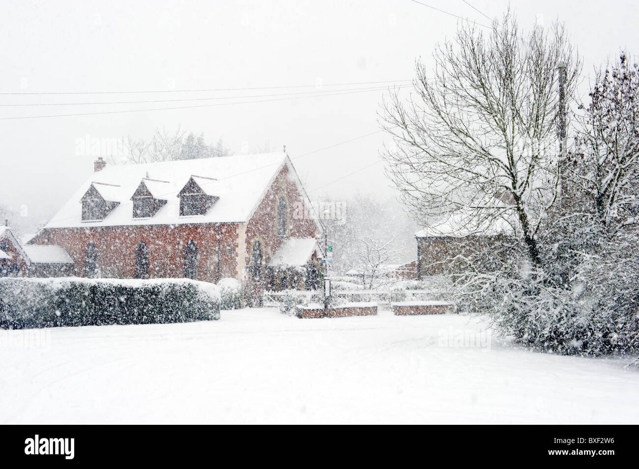 A house obscured by falling snow and blizzard weather conditions Stock Photo