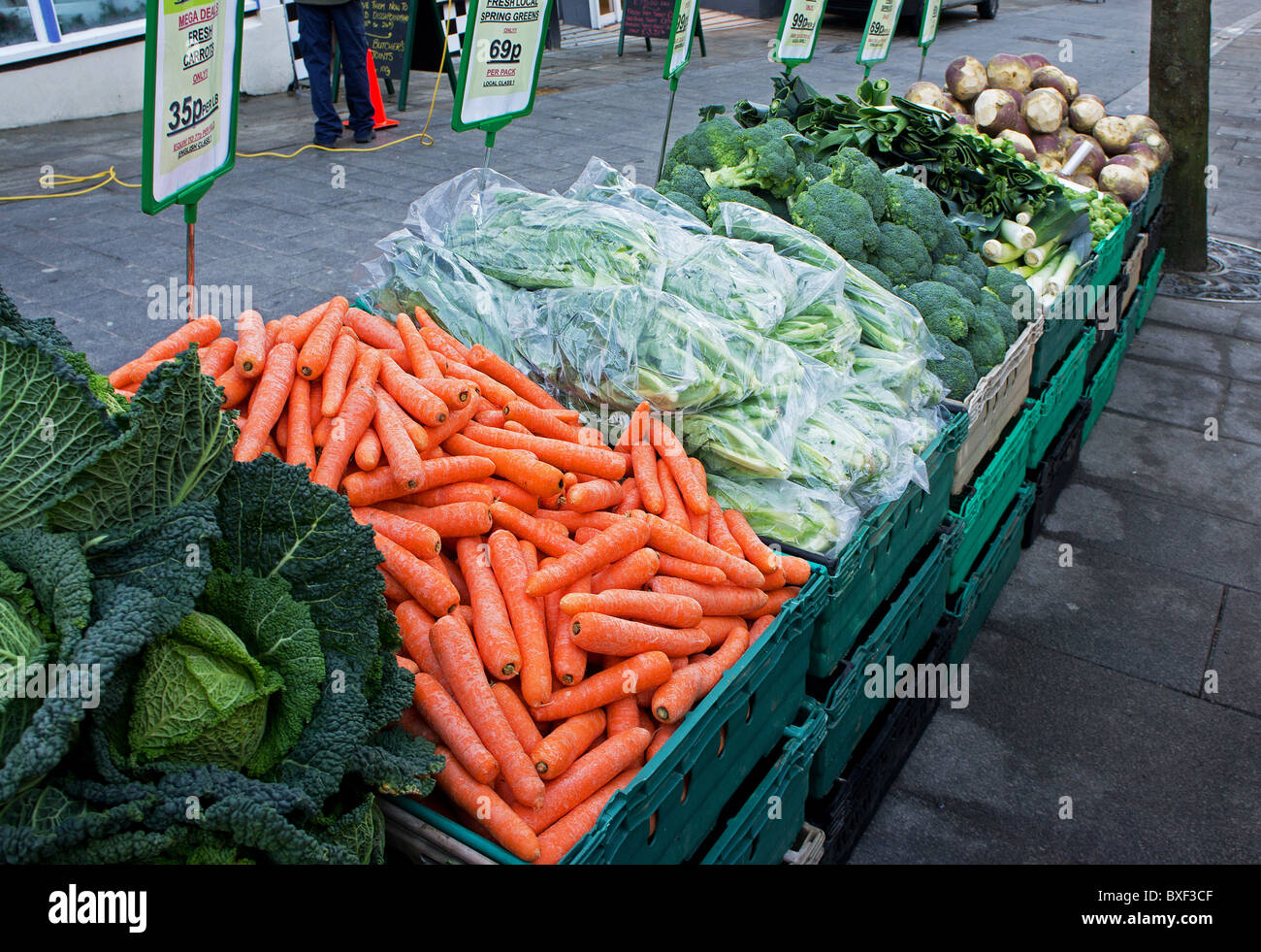 seasonal vegetables for sale on a village market stall in cornwall, uk Stock Photo