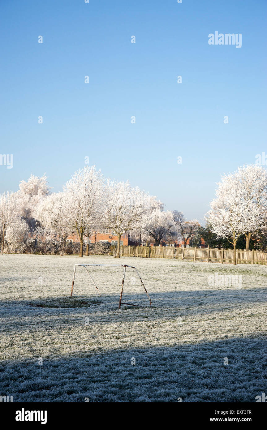 Frost covered fiveaside football pitch, StratfordonAvon, Warwickshire, England, UK Stock