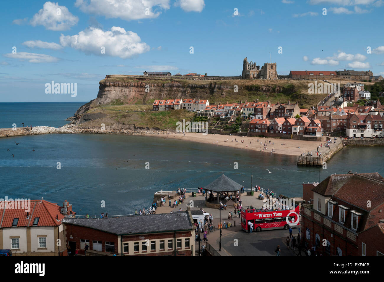 Whitby North Yorkshire, the Abbey and mouth of The River Esk. Stock Photo