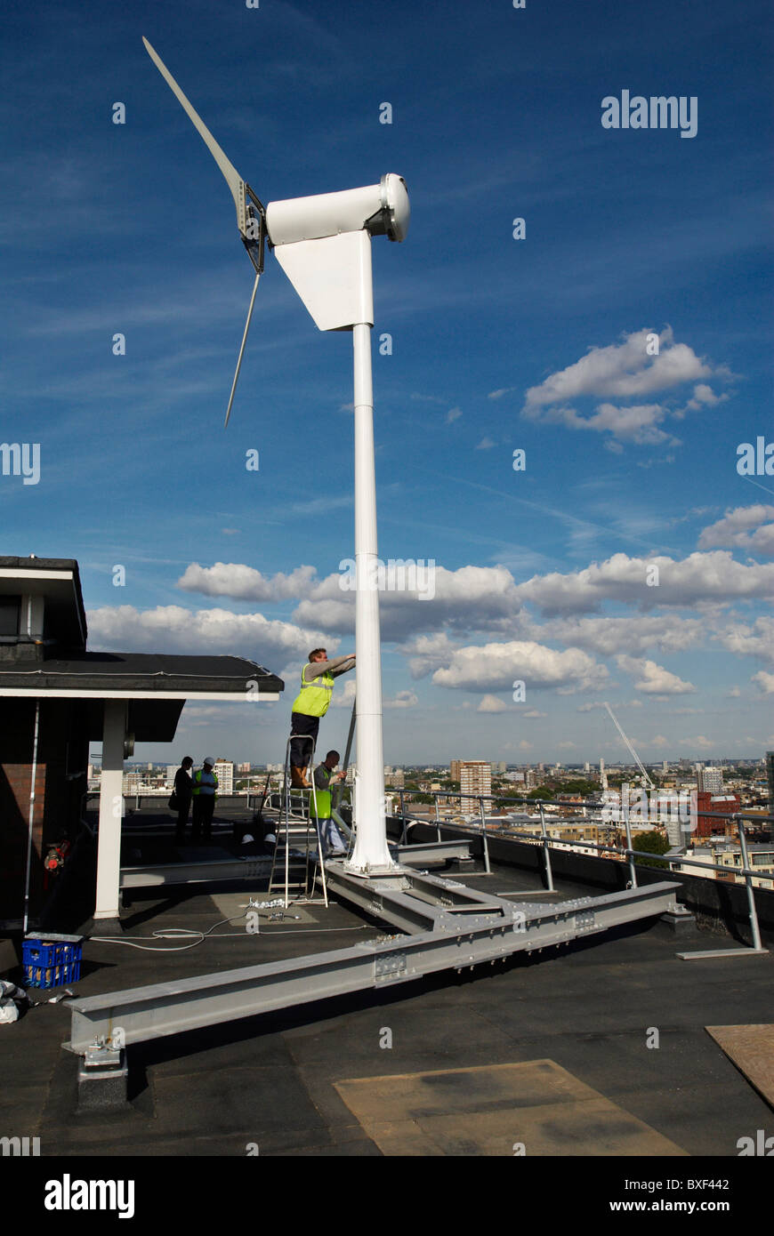 Erecting a wind turbine on a roof of a housing block of flats City Road