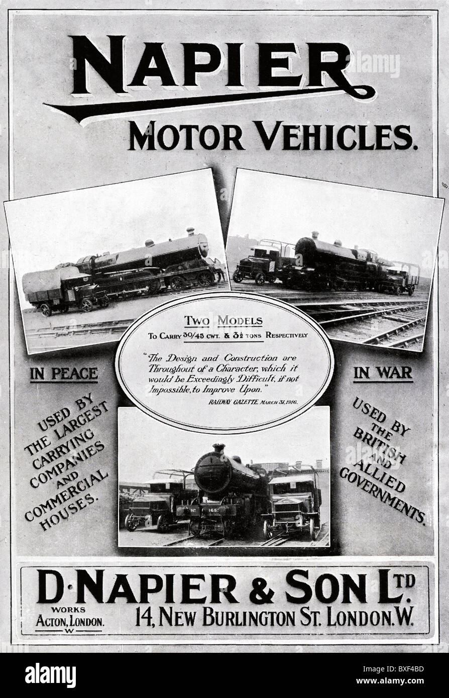 1916 advert for Napier British built road and rail business transport vehicles manufactured in Acton West London Stock Photo