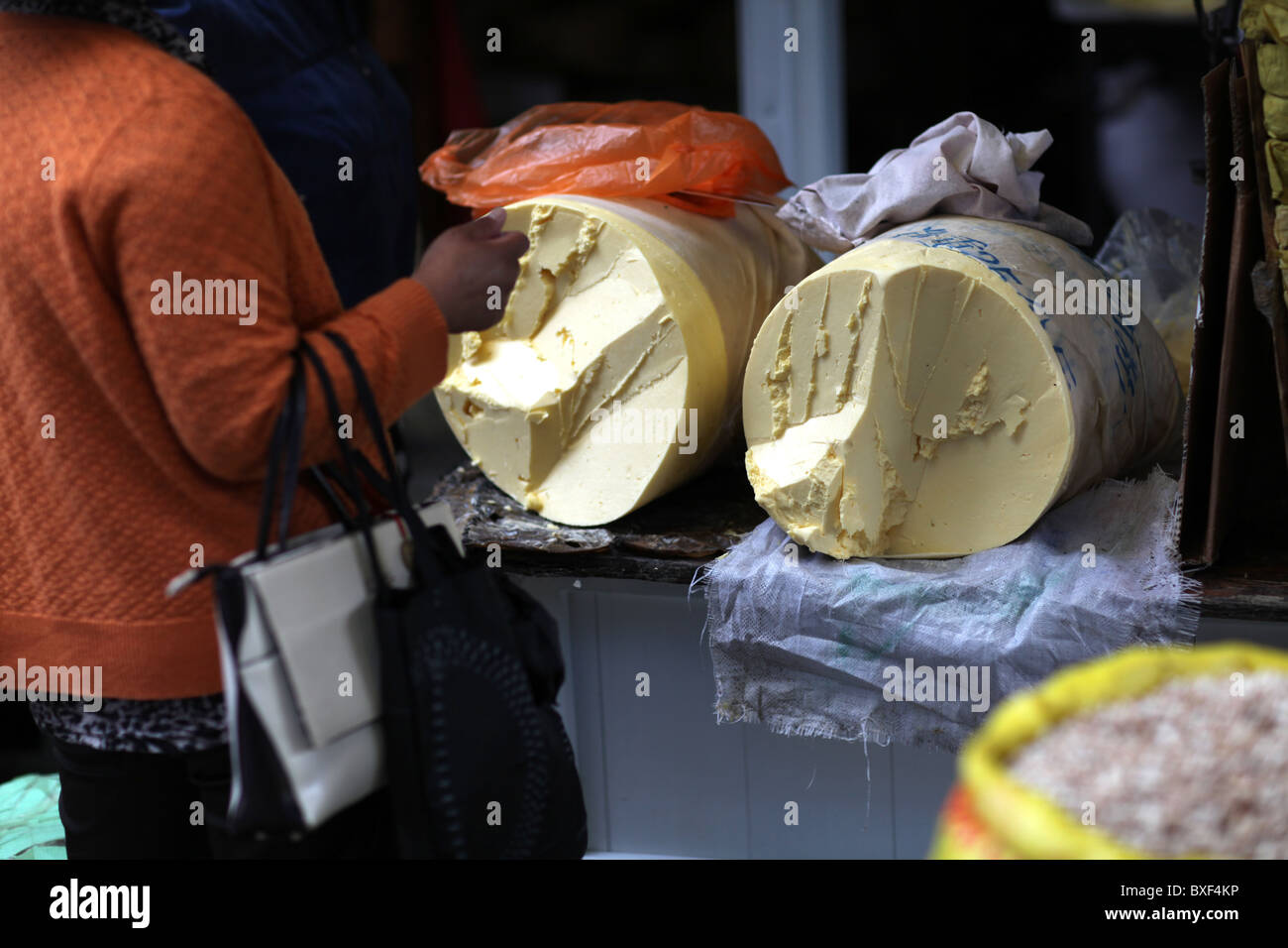 Blocks of yak butter on display in the streets of Lhasa, the capital of