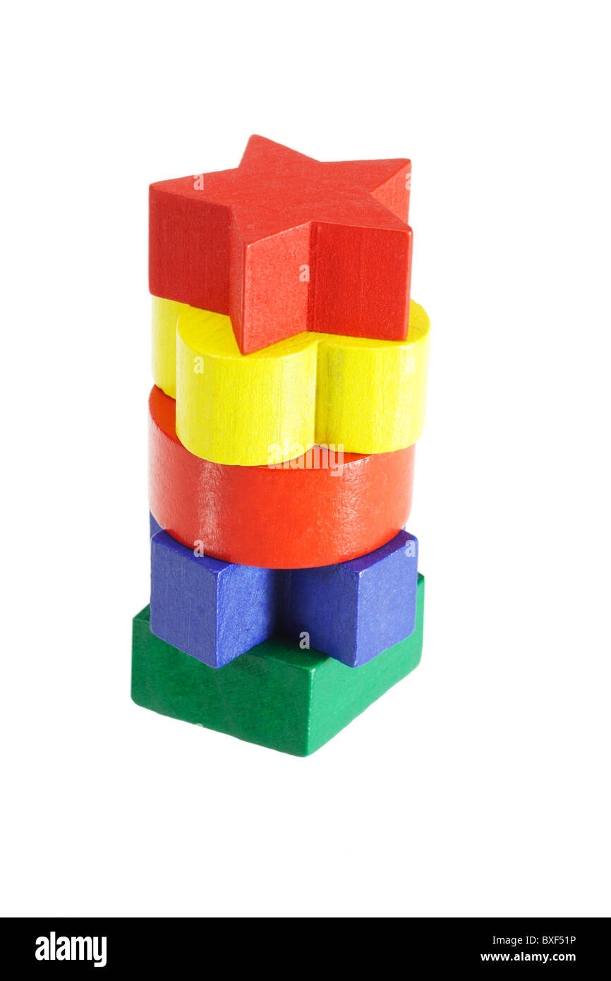 Stack of colorful wooden blocks on white background Stock Photo