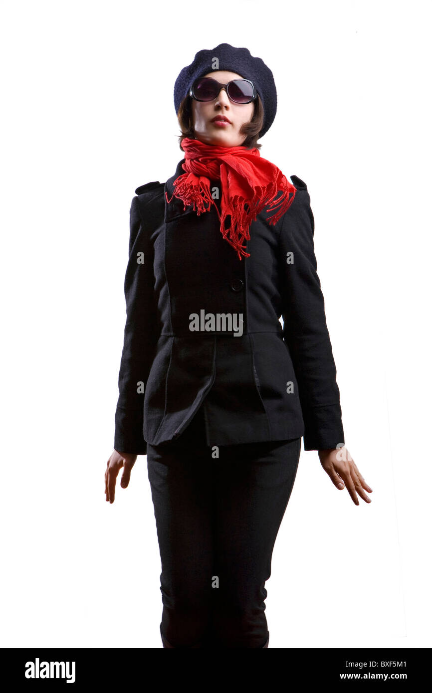 glamour girl with coat, red scarf and sunglasses isolated on white Stock Photo