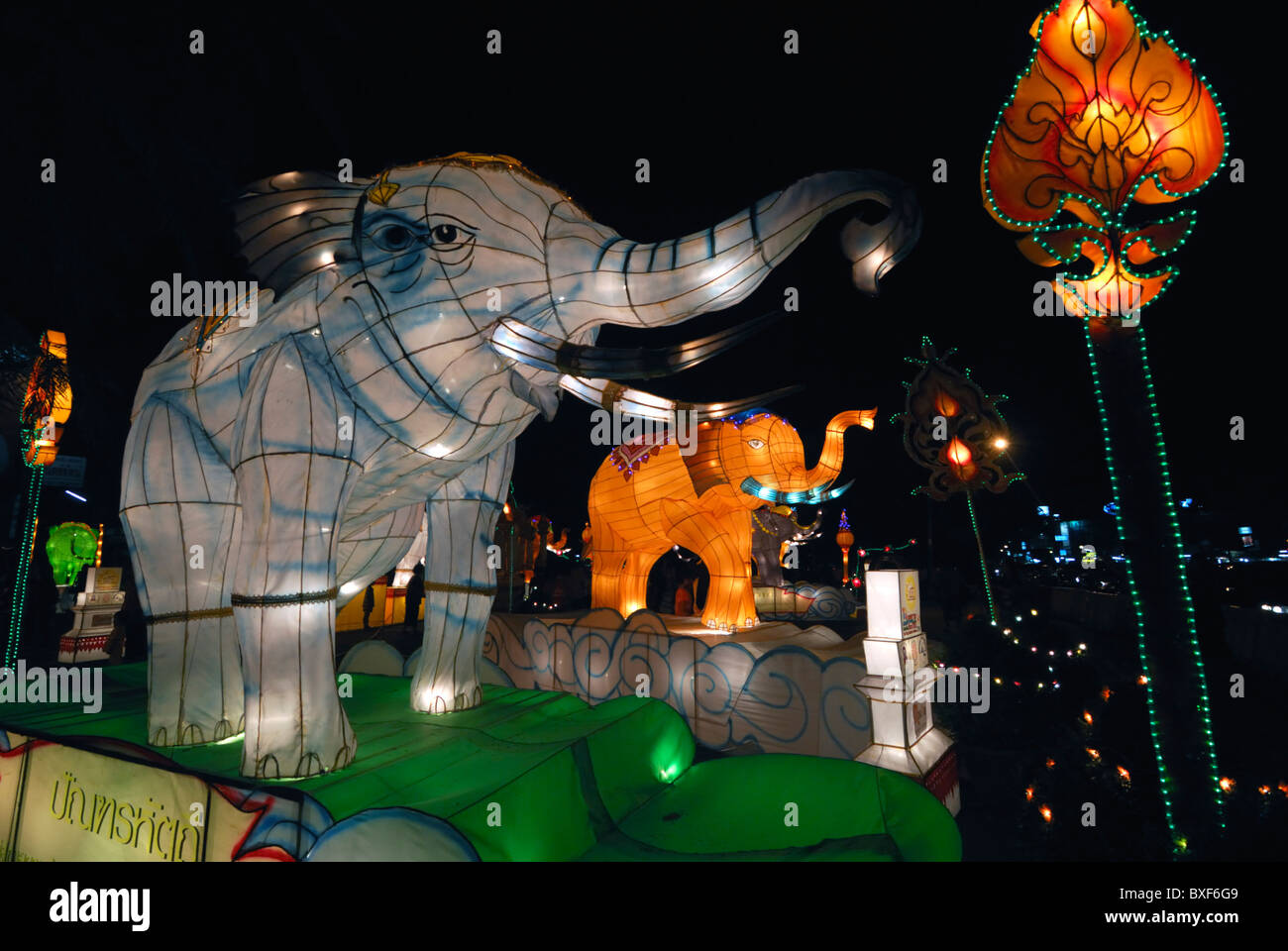 illuminated elephant figures for Loy Kratong festival of light,Chiang Mai,Thailand. Stock Photo