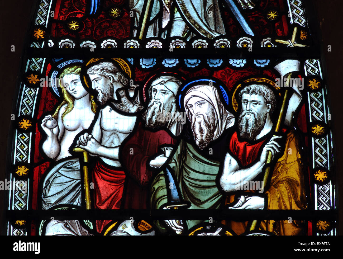 Old Testament stained glass, All Saints Church, Ladbroke, Warwickshire, UK Stock Photo