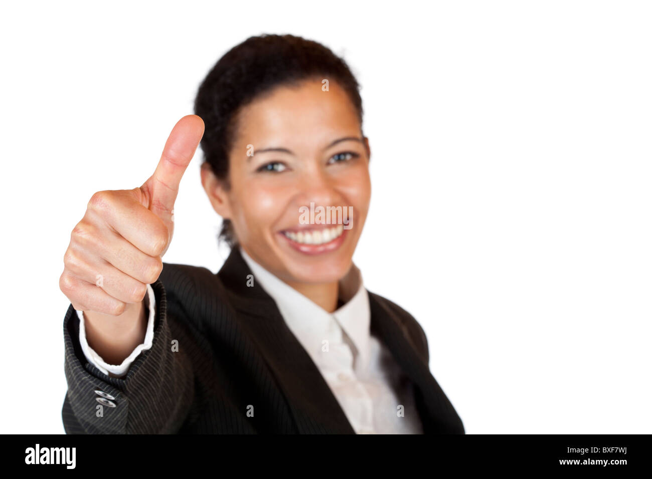 Smiling self confident business woman shows thumb up. Isolated on white ...
