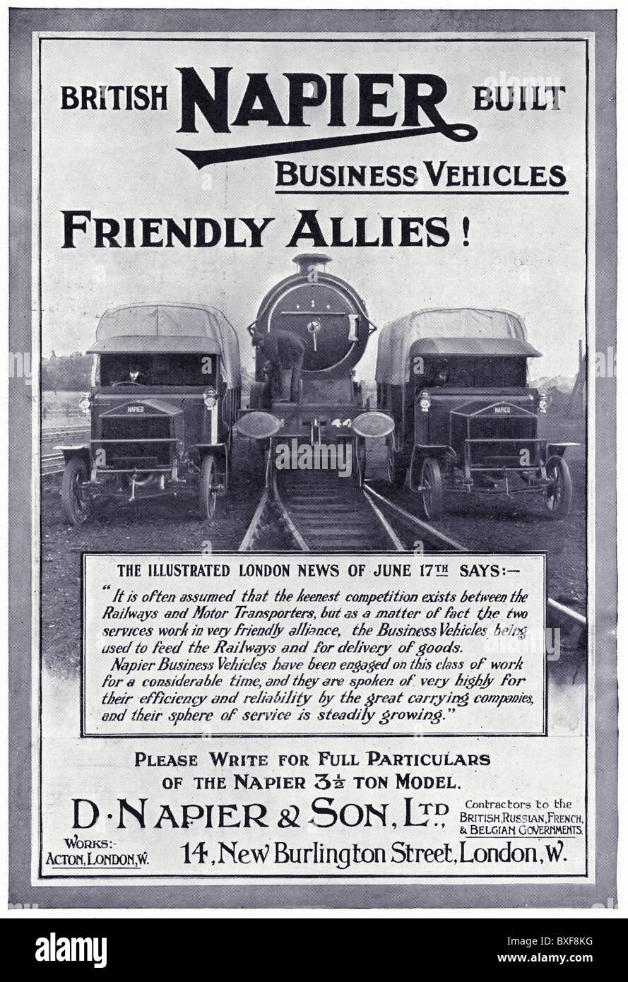 1916 advert for Napier British built road and rail business transport vehicles manufactured in Acton West London Stock Photo