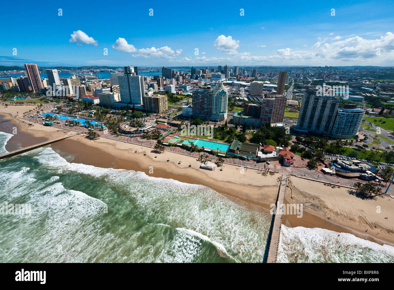 Aerial view of Durban beach front showing the piers extending into the sea. KwaZulu Natal. South Africa. Stock Photo