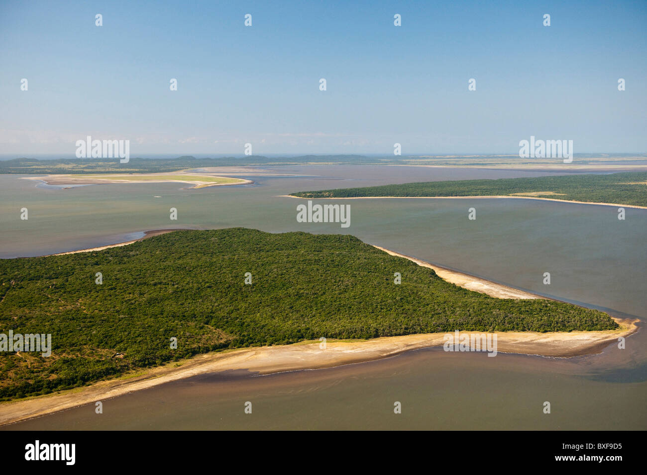 Aerial view of the iSimangaliso Wetland Park showing Hells Gates between Lake St Lucia and False Bay Stock Photo