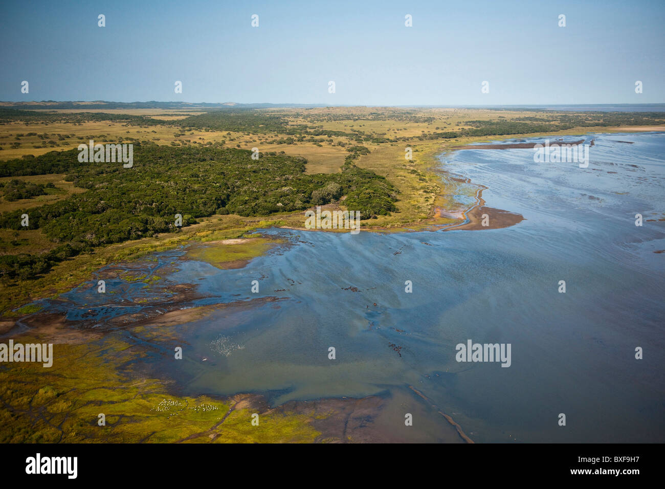Aerial view of the iSimangaliso Wetland Park and the Eastern Shores. Lake St Lucia is in the foreground Stock Photo