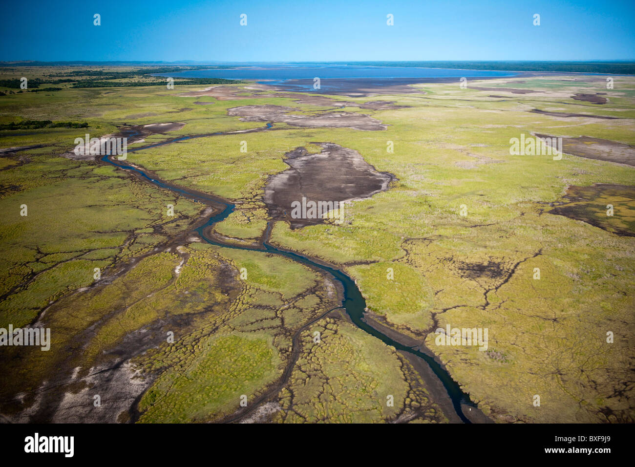 Aerial view of the iSimangaliso Wetland Park showing the wetlands at the Northern end of Lake St Lucia Stock Photo