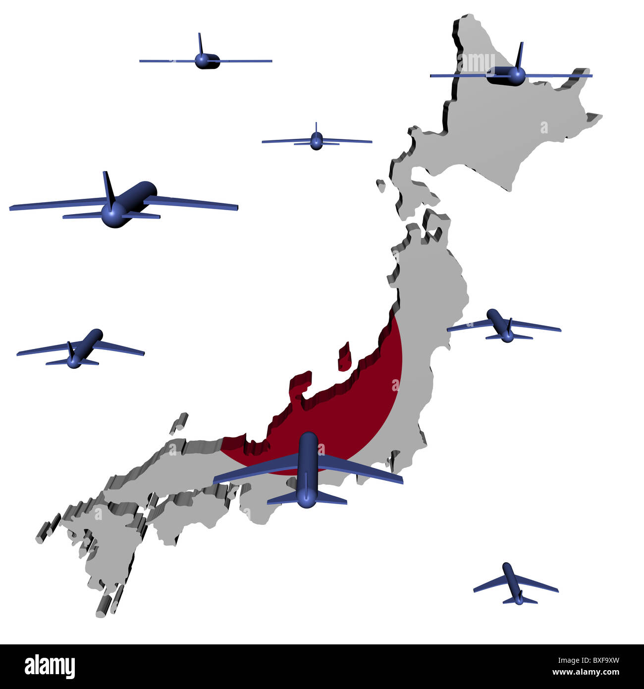 Abstract planes flying towards Japan map flag illustration Stock Photo