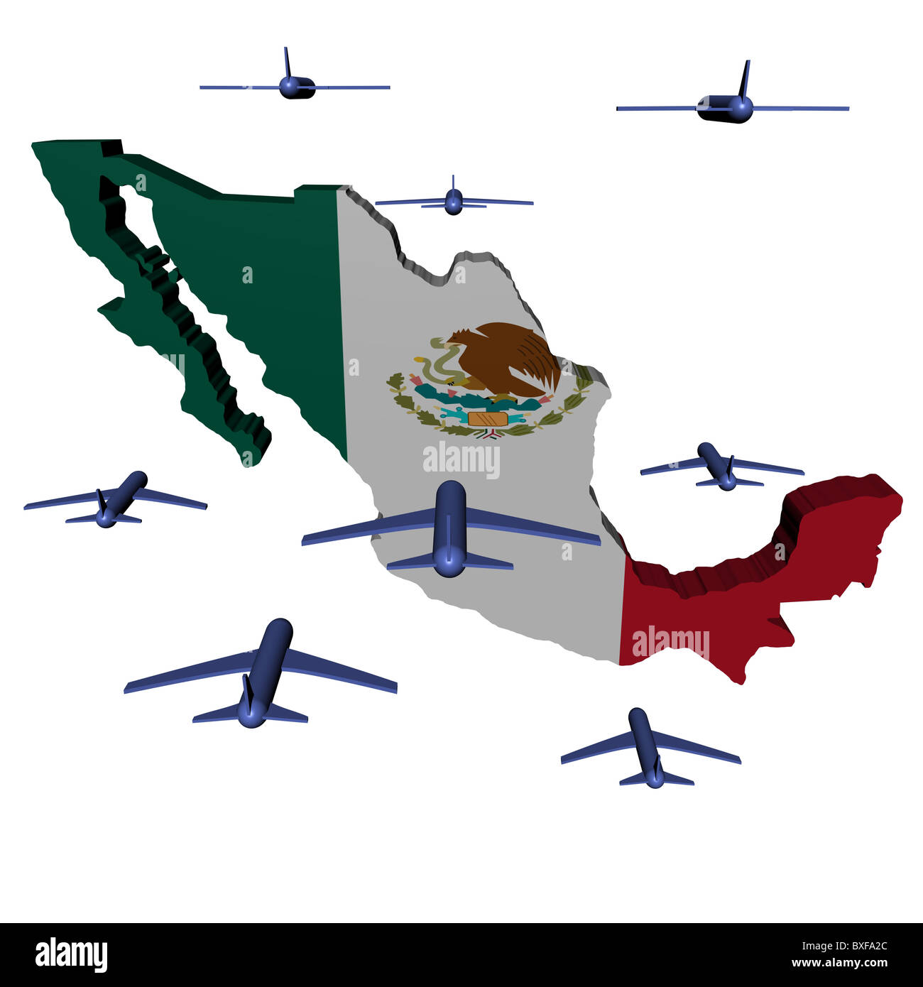 Abstract planes flying towards Mexico map flag illustration Stock Photo