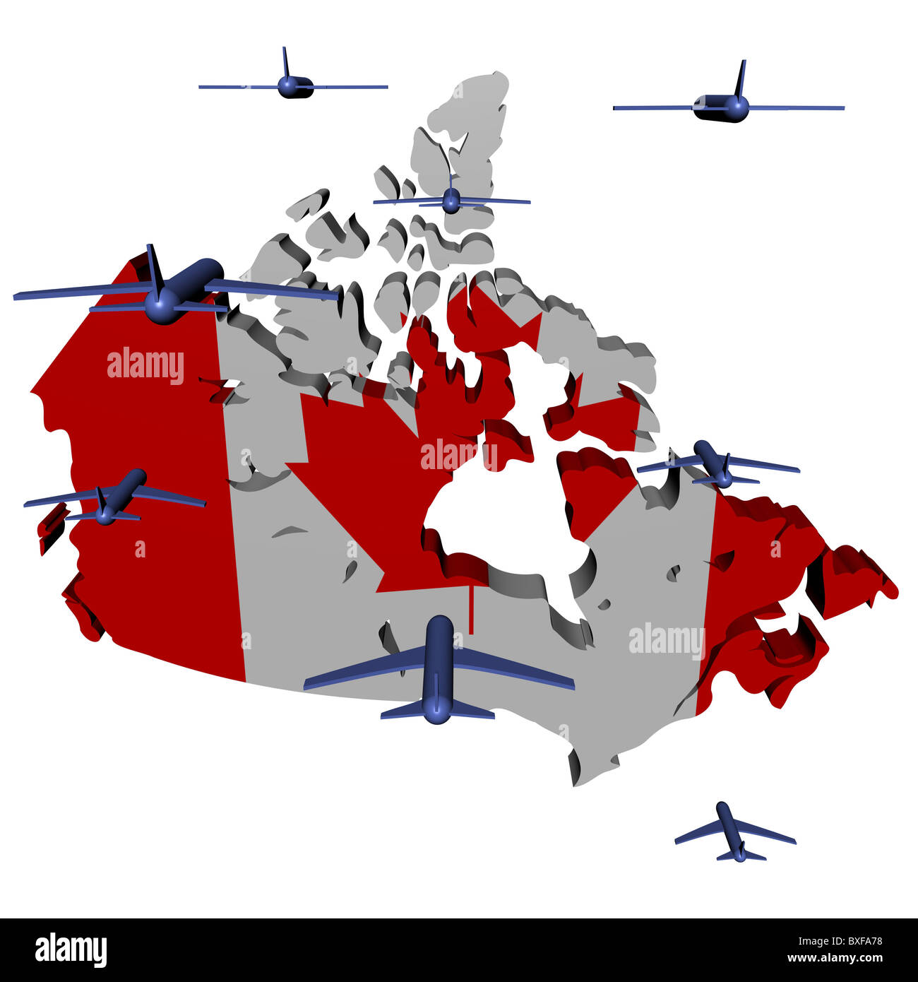 Abstract planes flying towards Canada map flag illustration Stock Photo