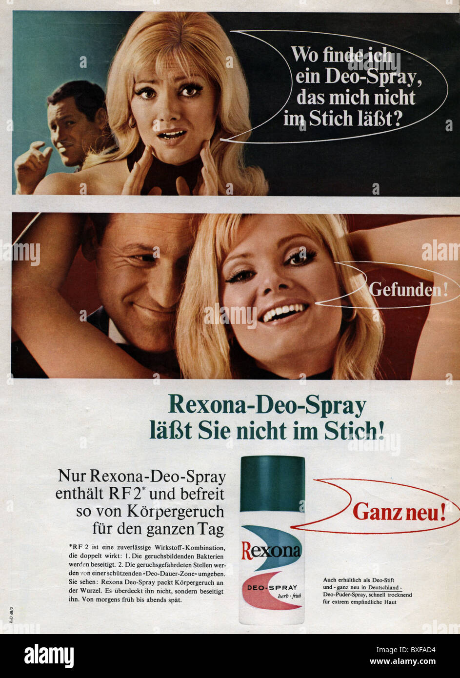 personal hygiene, advertising, advert for Rexona spray deo, from the magazine 'Stern', Germany, May 1968, Additional-Rights-Clearences-Not Available Stock Photo