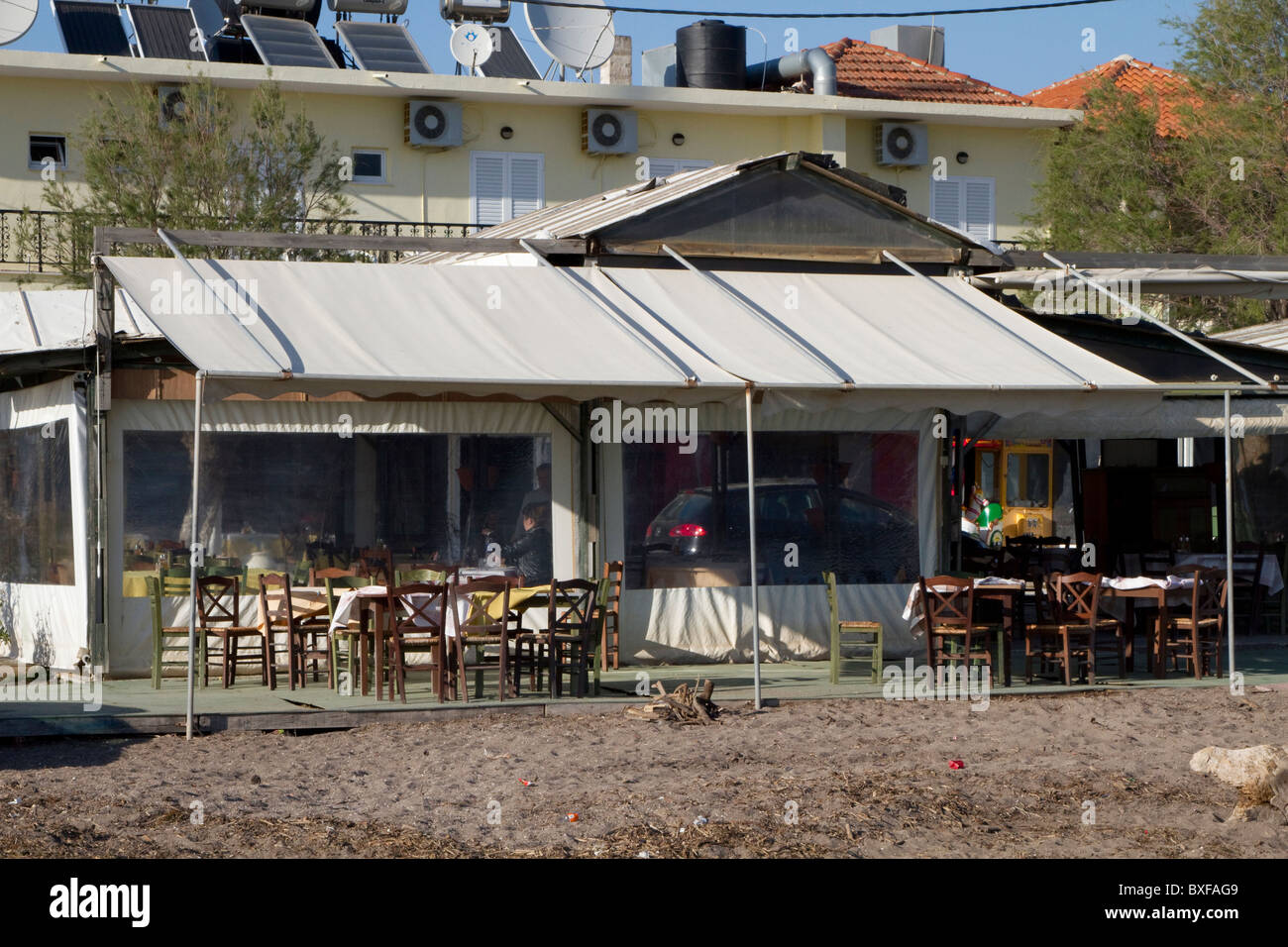 Beach front taverna in Skala Kalloni in Lesbos Stock Photo