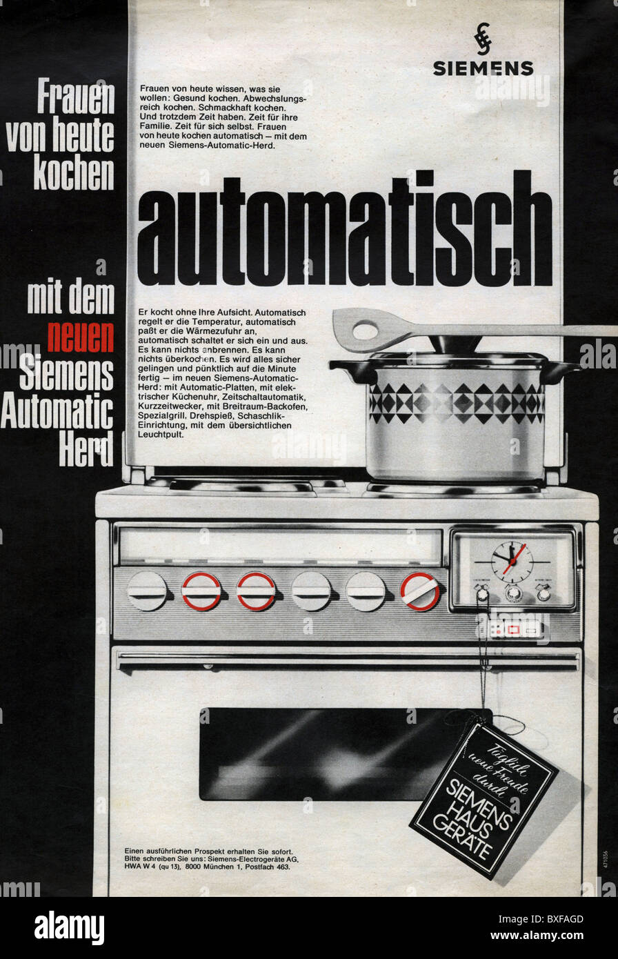 advertising, domestic appliances / housewares, advert for Siemens Automatic  kitchen stove, from a magazine, Germany, 1960s,  Additional-Rights-Clearences-Not Available Stock Photo - Alamy
