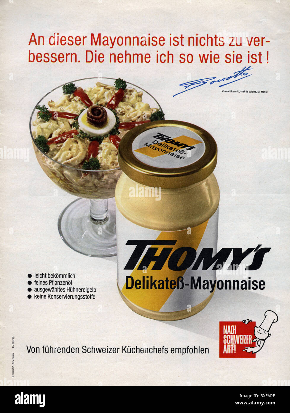 advertising, food, advert for Thomy's mayonnaise, from the magazine 'Bunte Illustrierte', Germany, 1970, Additional-Rights-Clearences-Not Available Stock Photo