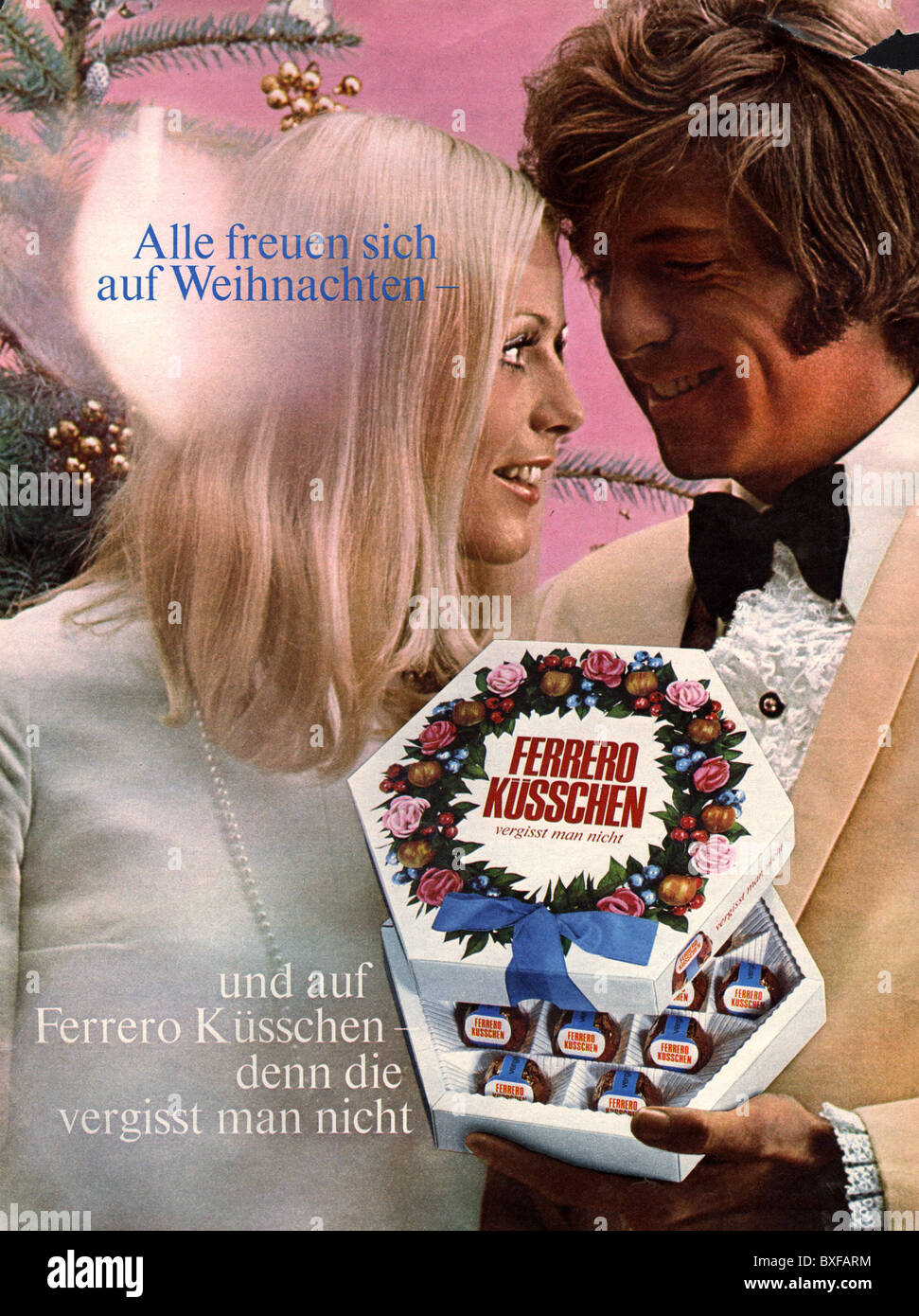 advertising, confectionery, advert for Ferrero Kuesschen chocolates, from the magazine 'Bunte Illustrierte', Germany, 1970, Additional-Rights-Clearences-Not Available Stock Photo