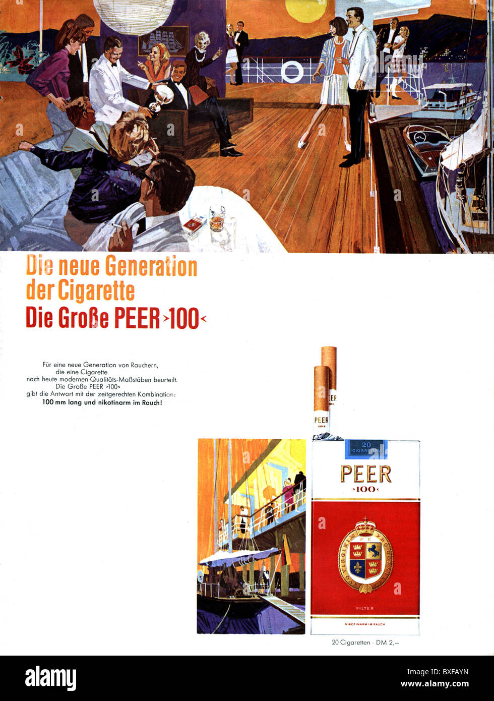 advertising, tobacco, cigarettes, advert for Peer 100 filter cigarettes, from the magazine 'Bunte', No. 14, 3.4.1968, Germany, Additional-Rights-Clearences-Not Available Stock Photo