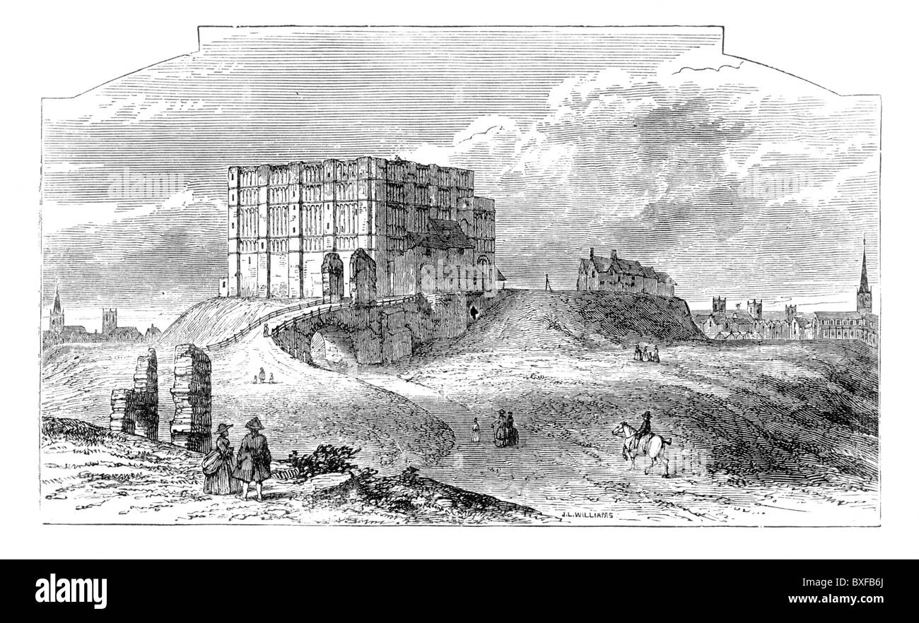 Norwich Castle as it appeared in the 18th century, circa 1735; Black and White Illustration; Stock Photo