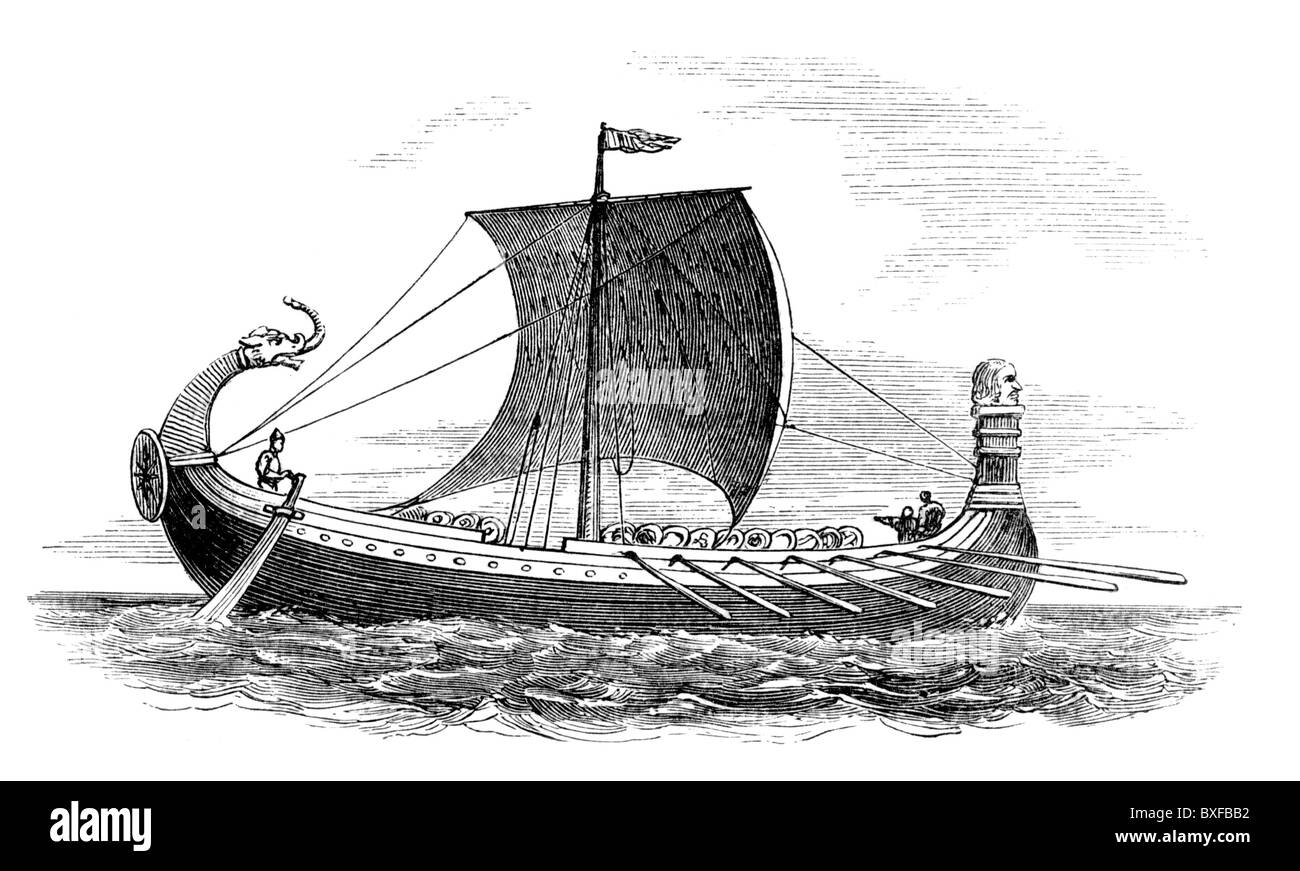 A Norman Ship of the 11th century; Black and White Illustration; Stock Photo