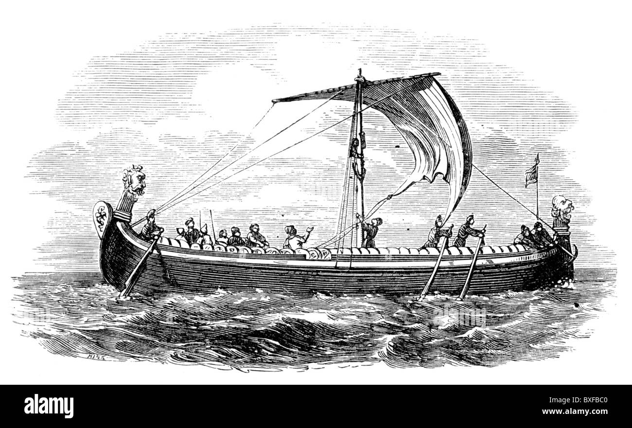 An Anglo-Saxon Ship of the 11th century; Black and White Illustration; Stock Photo