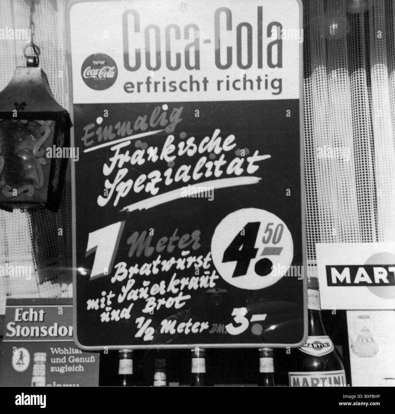 advertising, beverages, coke, Coca Cola advertising sign in a shop window, Germany, 1960s, Additional-Rights-Clearences-Not Available Stock Photo
