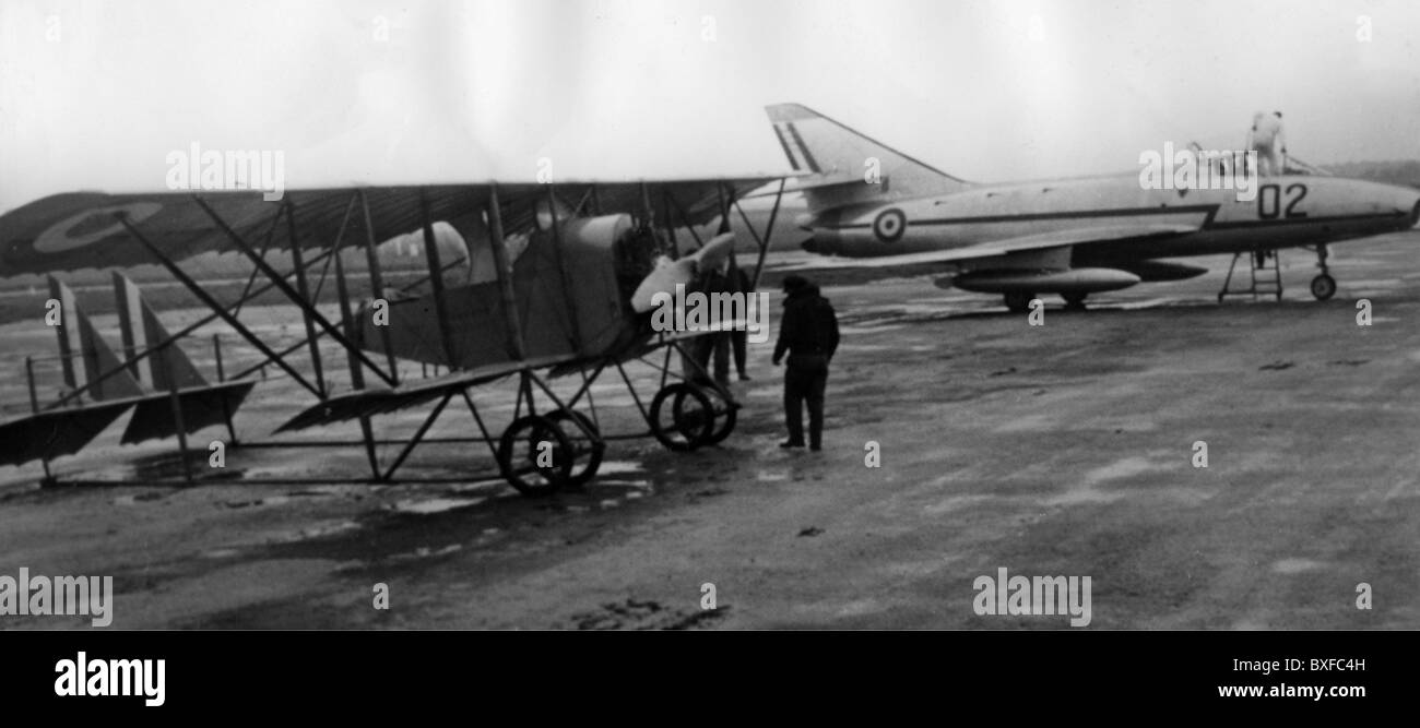 transport / transportation, aviation, Caudron G.3, behind a Dassault Super Mystere of the French Air Force, 1959, technics, aircraft, motorplane, biplane, jet, military, France, 20th century, historic, historical, Mystère, G3, G-3, people, 1950s, Additional-Rights-Clearences-Not Available Stock Photo