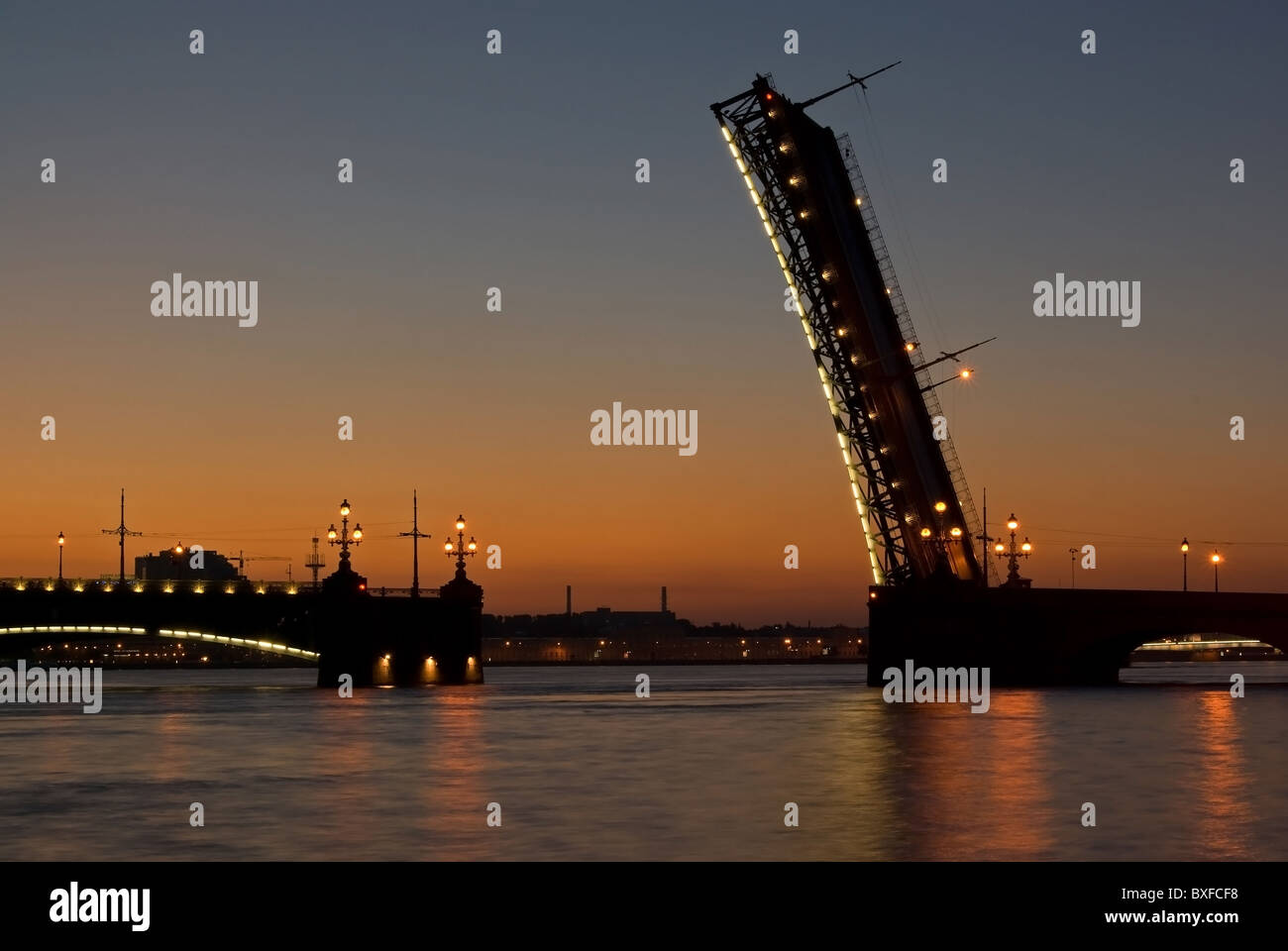 Opened leaf bridge at morning. Troickiy bridge at daybreak. Saint-Petersburg, Russia Stock Photo