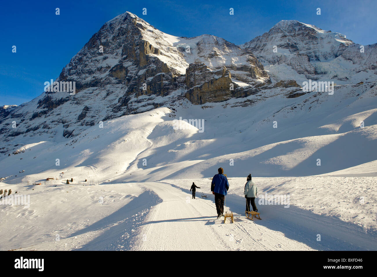 Kleiner Scheidegg in winter looking at The North Face Of the Eiger.. Swiss Alps, Switzerland Stock Photo