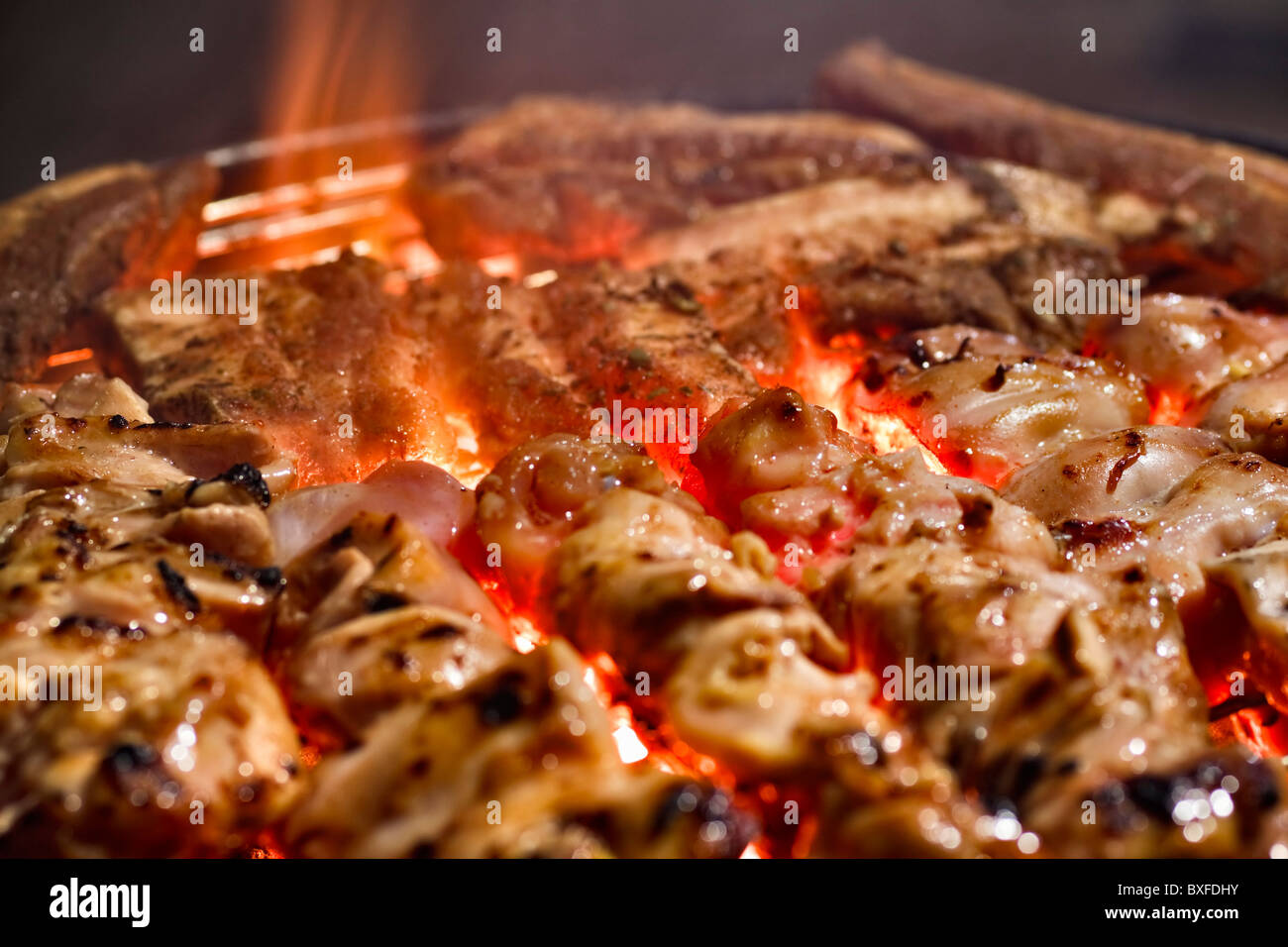 Juicy chicken shish kebabs on a charcoal barbecue grill. Stock Photo