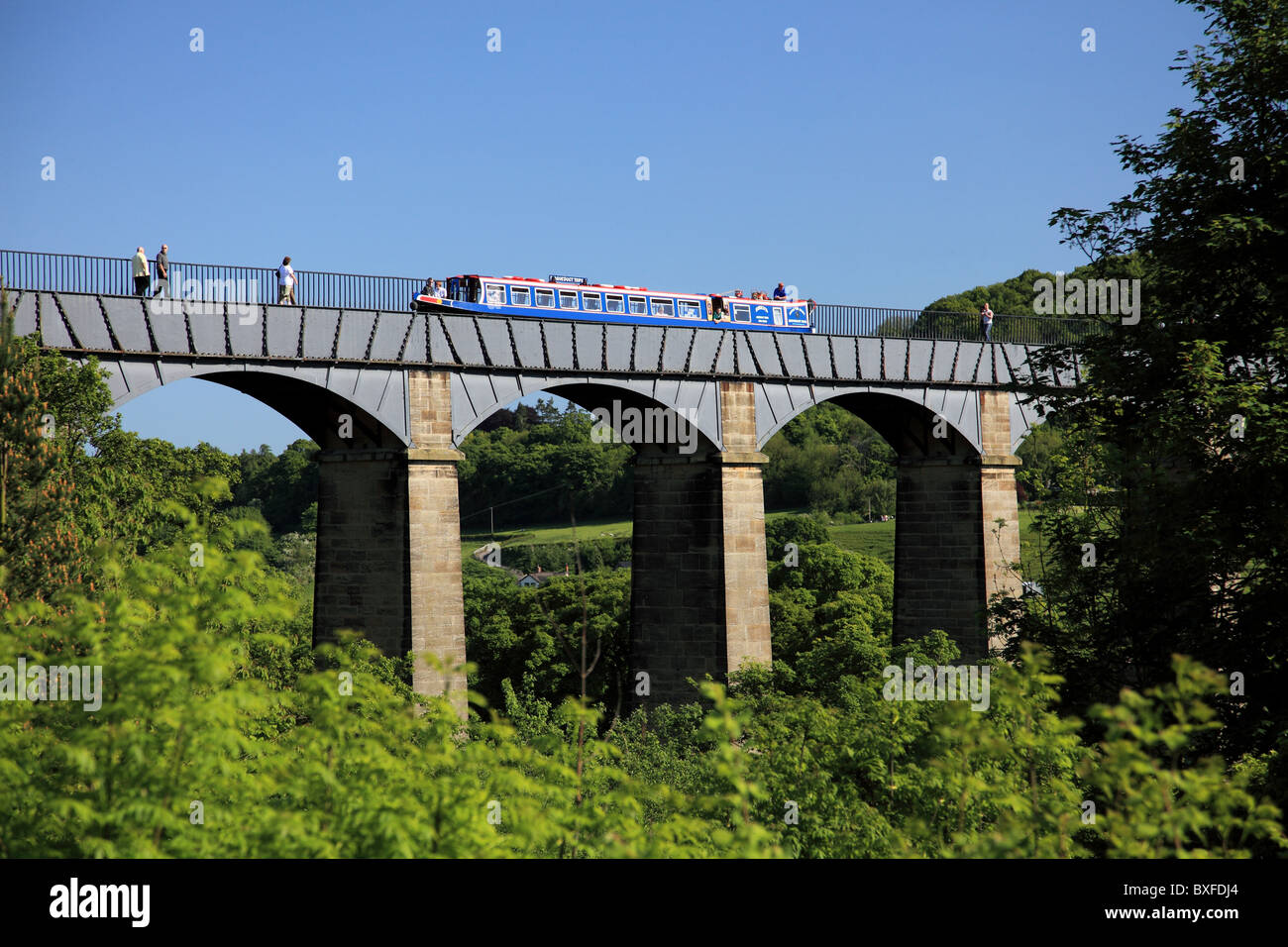 A narrowboat crossing Pontcysyllte Aqueduct, World Heritage site, near