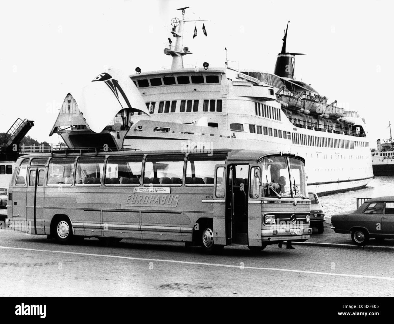 tourism, coach trip, 'Europabus' motor coach on quayside, Germany, 1969, Additional-Rights-Clearences-Not Available Stock Photo
