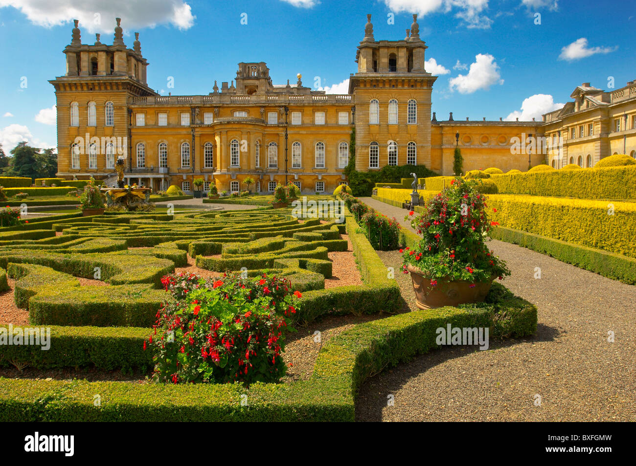 Blenheim Palace Italian Garden with geometric hedge designs- England Stock Photo